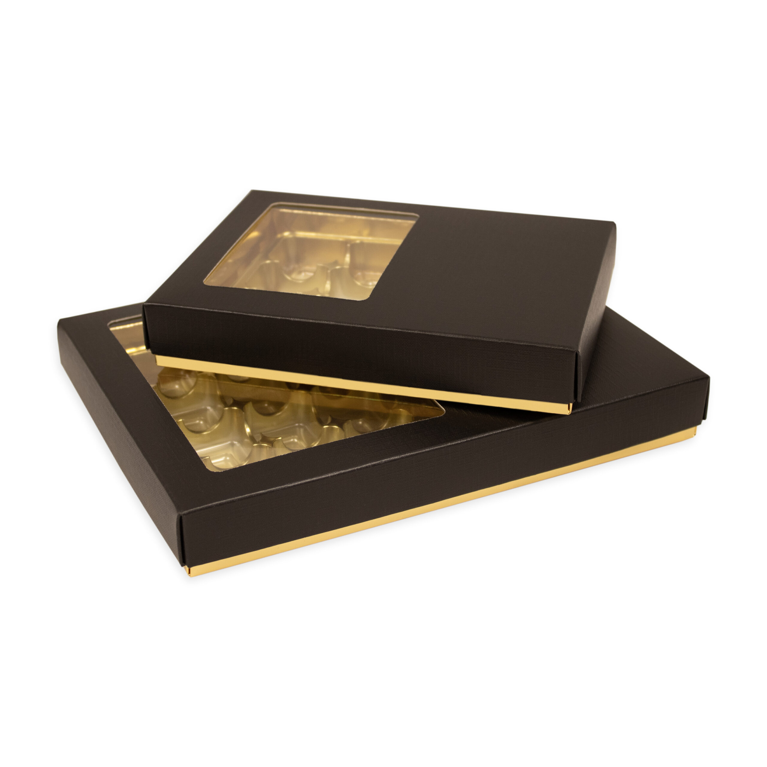 12 & 24 Cavity Deluxe Buffer Base Box with window. Bright Gold Base & Windowed black textured lid