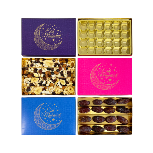 A selection of our Eid Mubarak 24 Cavity Fold-up lid with bright gold foil in blue, pink & purple. Selection of vac-forme trays, and channel dividers