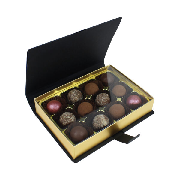 12 Cavity Book Box filled with colourful artisan chocolate truffles. Lid is opened to view contents
