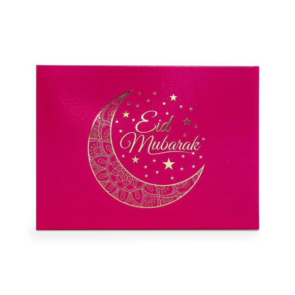 Pink Eid Mubarak 24 Cavity Fold-up lid with bright gold foil