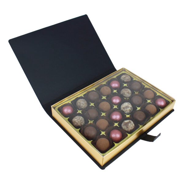 24 Cavity Book Box filled with colourful artisan chocolate truffles. Lid is opened to view contents