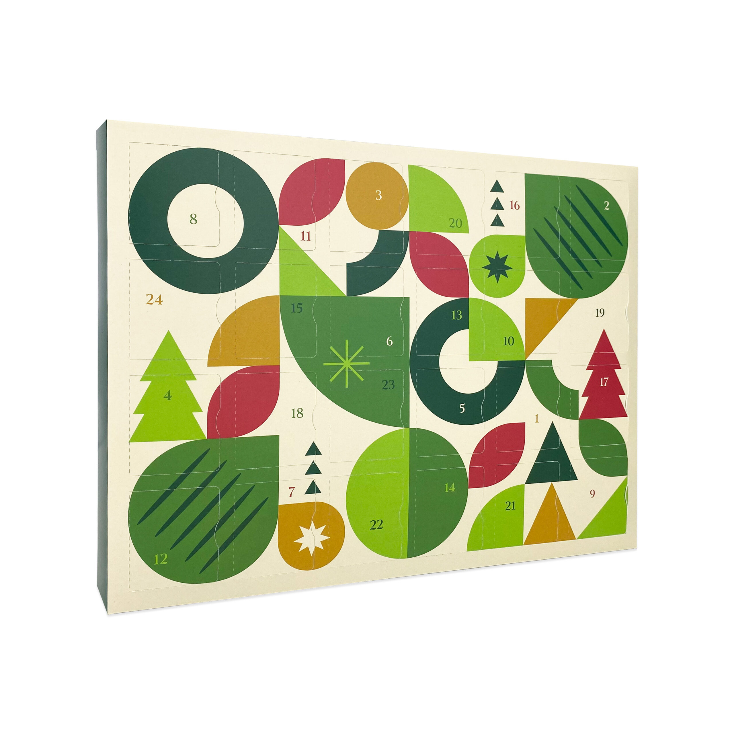 24 Day Giant Landscape Deco Advent Calendar with green, gold and red detailing. Geometric pattern