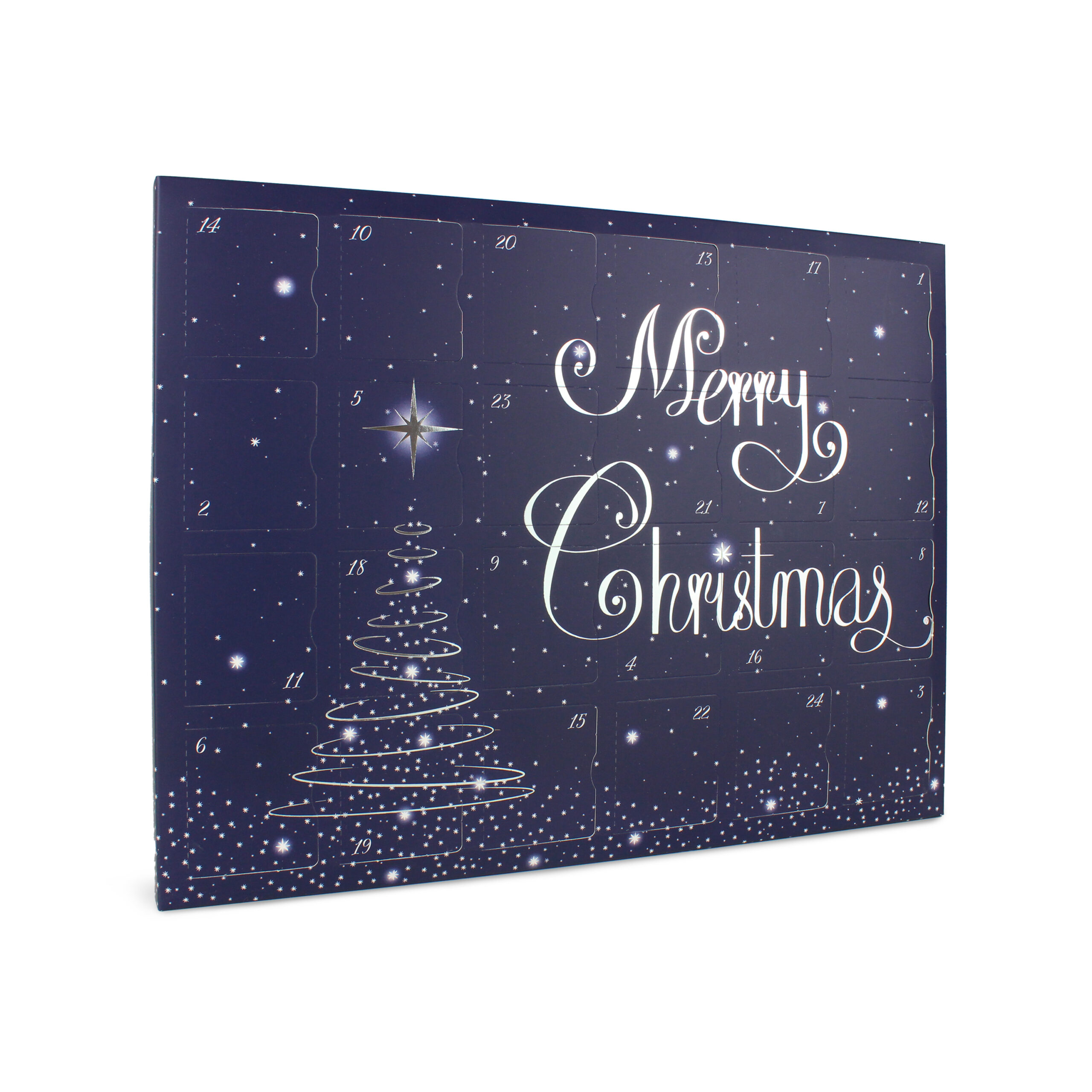 24 Day Giant Landscape Night Sky Advent Calendar with bright sliver foil detailing. Scripted Merry Christmas, festive tree and twinkling stars