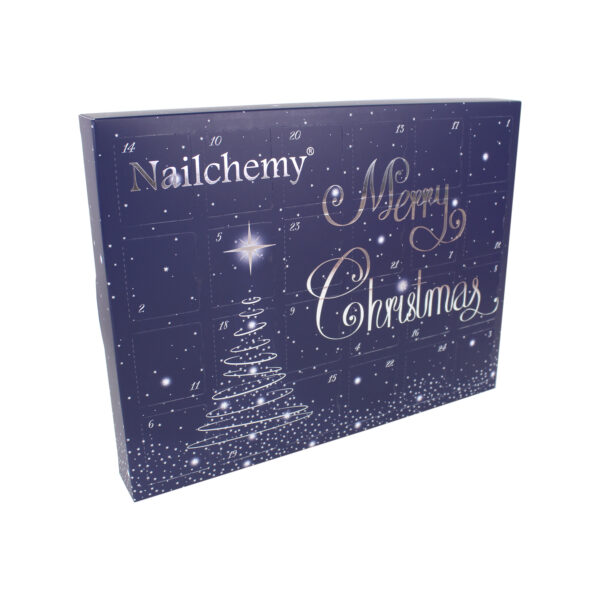 Personalised 24 Day Giant Landscape Night Sky Advent Calendar with bright sliver foil detailing. Scripted Merry Christmas, festive tree and twinkling stars