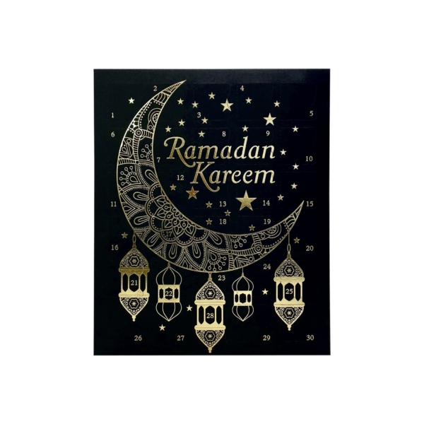 30 Day Ramadan Calendar in black front view with bright gold foil detailing; Ramadan Kareem