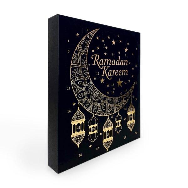 30 Day Ramadan Calendar in black side view with bright gold foil detailing; Ramadan Kareem