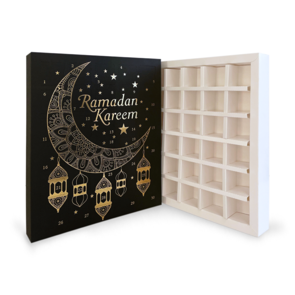 30 Day Ramadan Calendar in black side with folding box board cavity insert angled view with bright gold foil detailing; Ramadan Kareem