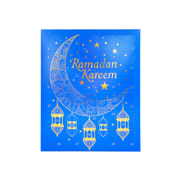 30 Day Ramadan Calendar in blue front view with bright gold foil detailing; Ramadan Kareem