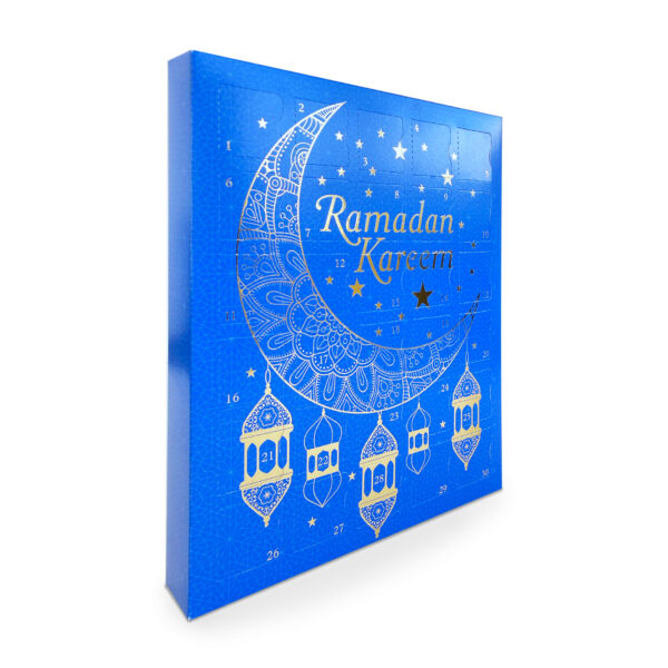 30 Day Ramadan Calendar in blue side view with bright gold foil detailing; Ramadan Kareem