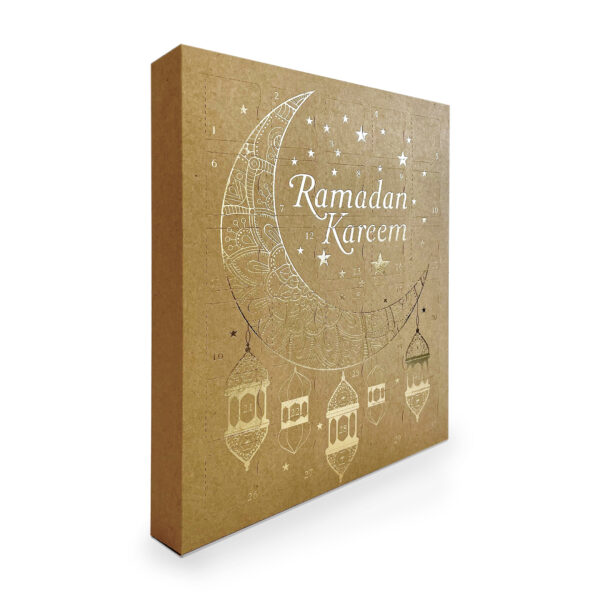 30 Day Ramadan Calendar in kraft side view with bright gold foil detailing; Ramadan Kareem