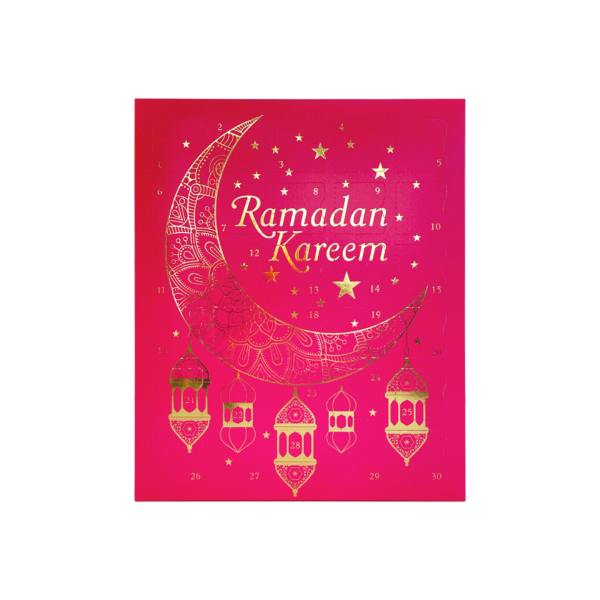 30 Day Ramadan Calendar in pink front view with bright gold foil detailing; Ramadan Kareem