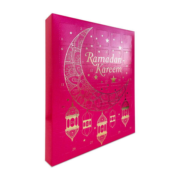 30 Day Ramadan Calendar in pink side view with bright gold foil detailing; Ramadan Kareem