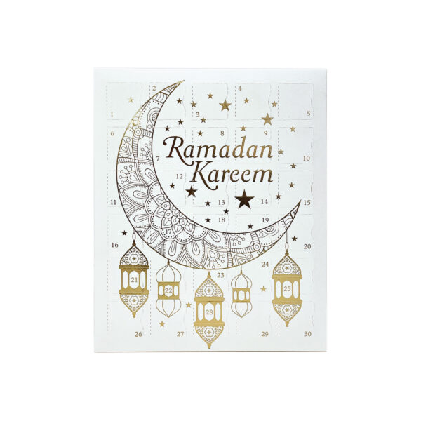 30 Day Ramadan Calendar in white front view with bright gold foil detailing; Ramadan Kareem