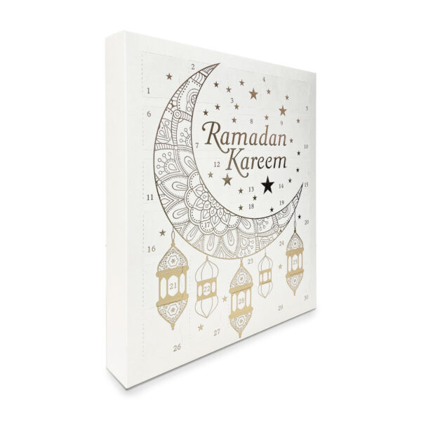 30 Day Ramadan Calendar in white side view with bright gold foil detailing; Ramadan Kareem