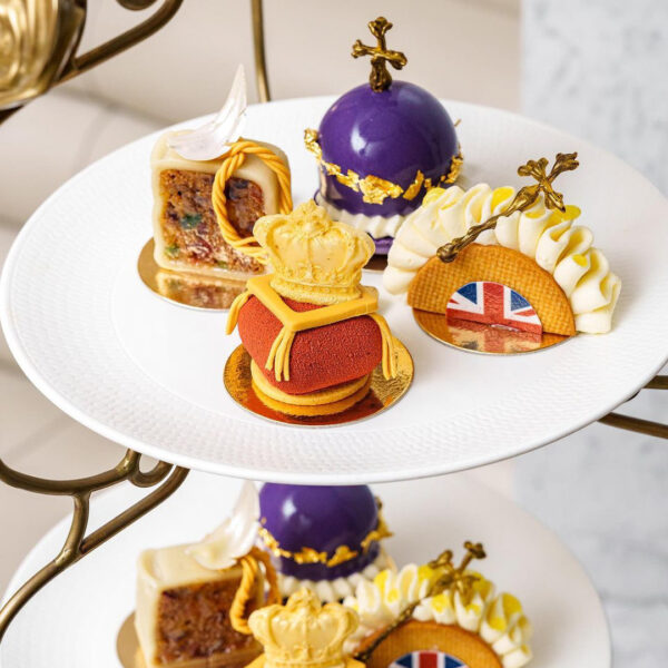 Round Patisserie Base Card with Tab in an afternoon tea setting. Royal household style cakes and slices