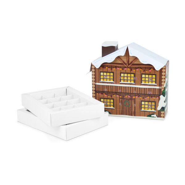 Front view of our vibrant 24 cavity 3D Nordic Ski Chalet Advent Calendar. Inspired by a traditional ski house you'd find in the snowy mountains
