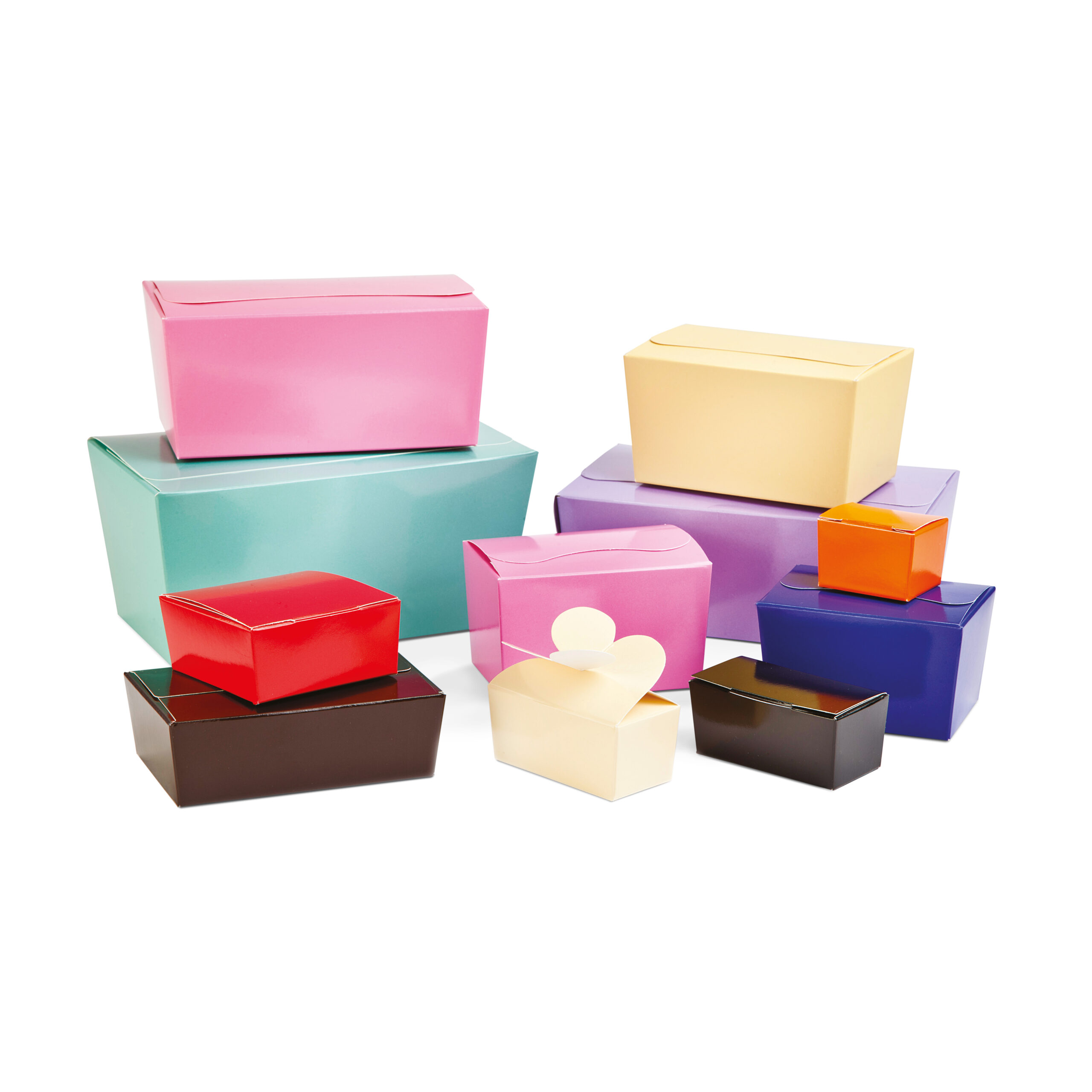 A variety of bright and generic ballotin boxes. Perfect for filling with artisan chocolates or gourmet truffles. Colours include pink, aqua, blue, orange, cream, brown, white, red, purple & white