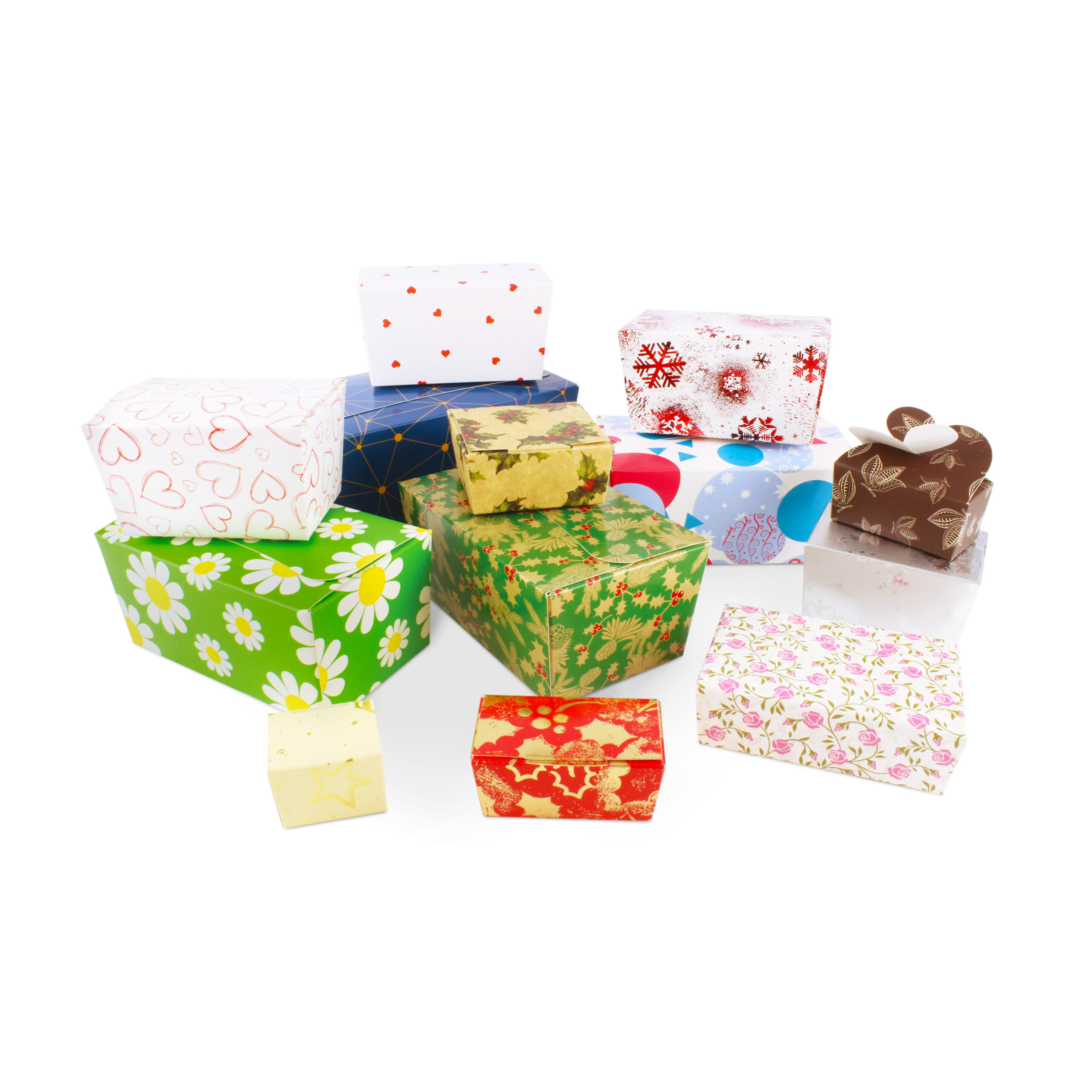 A variety of bright and generic ballotin boxes. Perfect for filling with artisan chocolates or gourmet truffles. Patterns include daisy, light heart, point to point and spots & dots