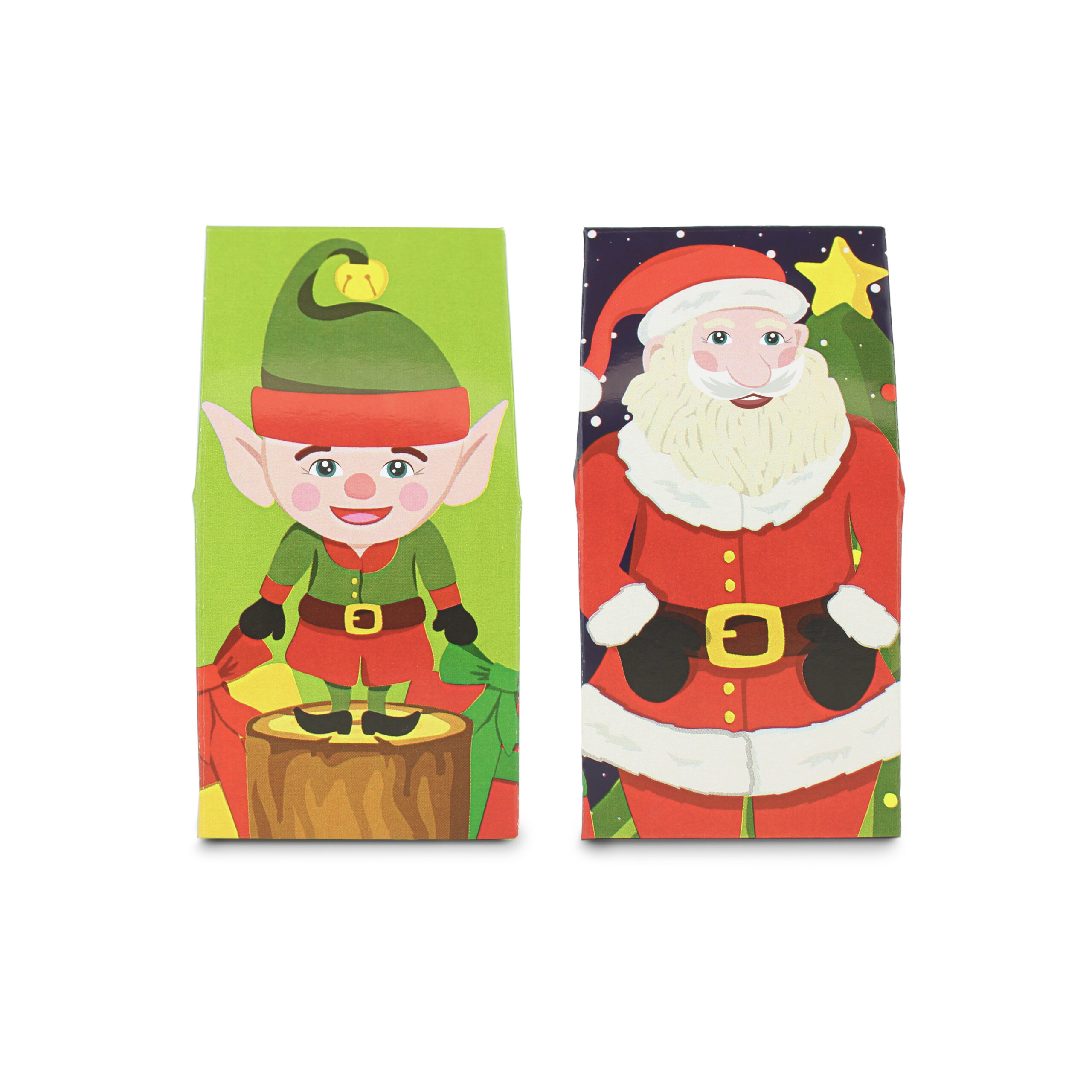 Hand illustrated festive Santa & Elf Mini A-frame Carton perfect for holding 50g bagged sweets, chocolates and treats. Perfect for Christmas gifting