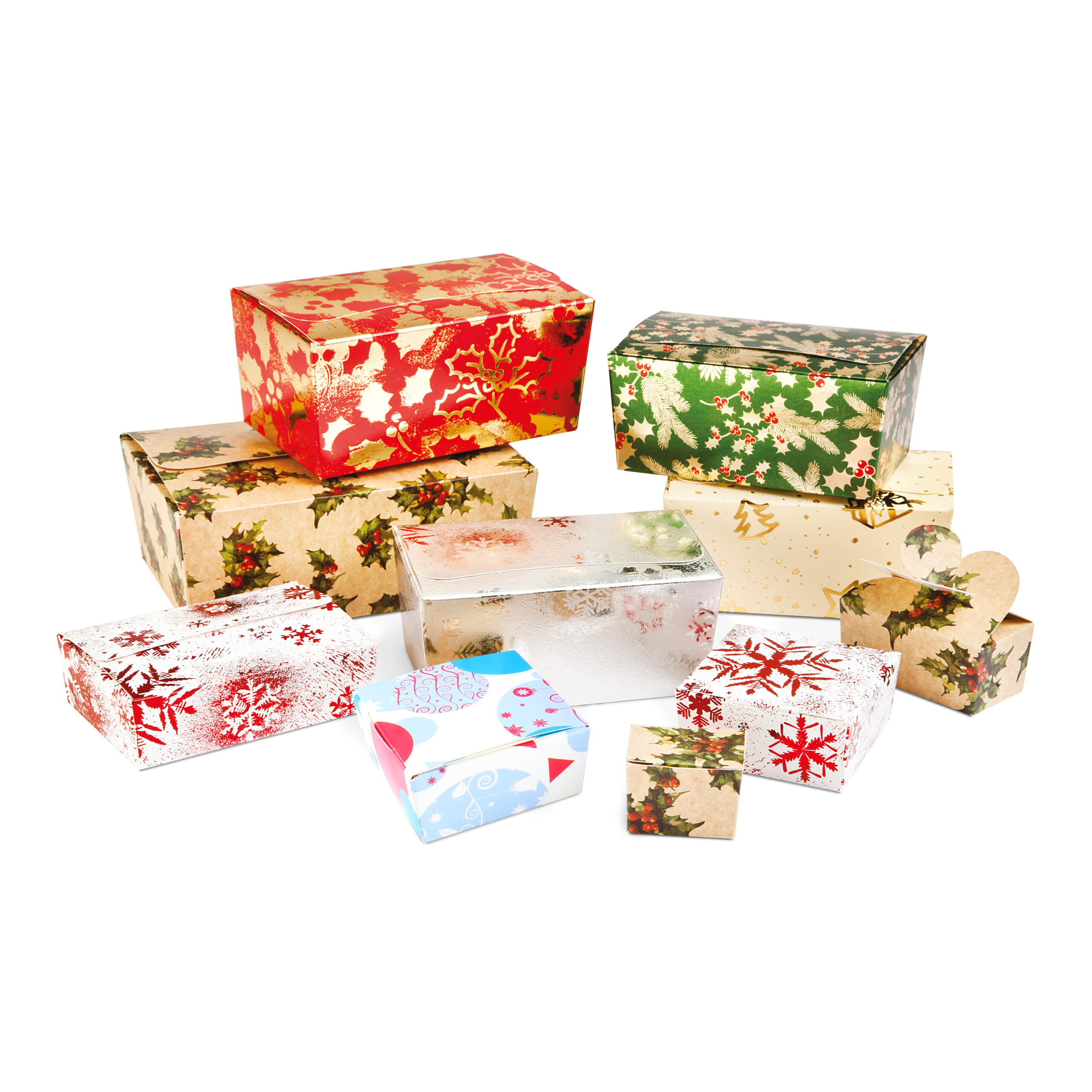 A variety of bright and festive christmas themed ballotin boxes. Perfect for filling with artisan chocolates or gourmet truffles. Patterns include holly, snowflakes, baubles and stars