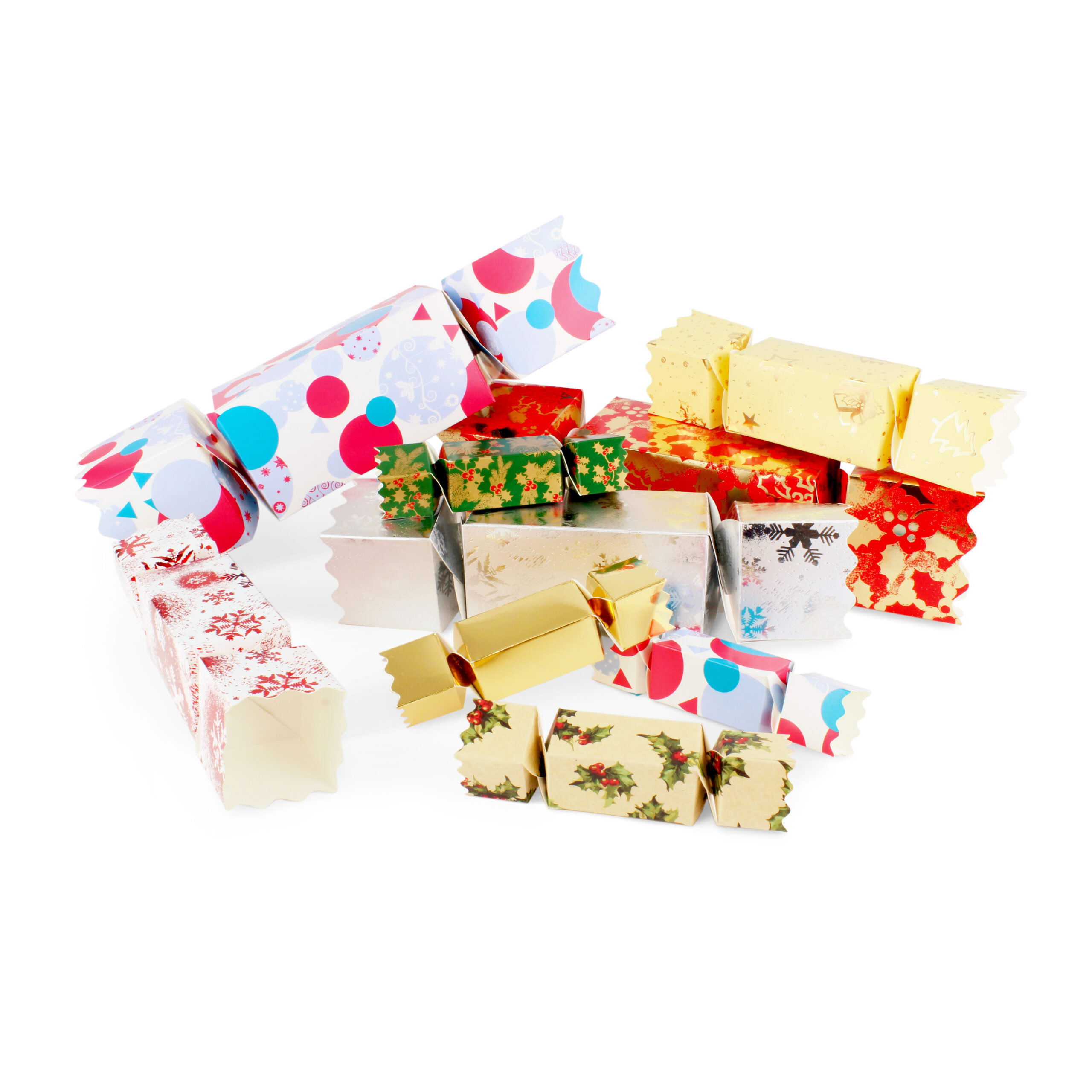 A selection of our stock Christmas Twist-End Crackers Collection in festive patterns and colours