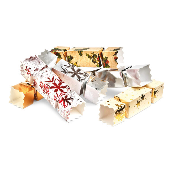 A selection of our stock small Christmas Twist-End Crackers Collection in festive patterns and colours