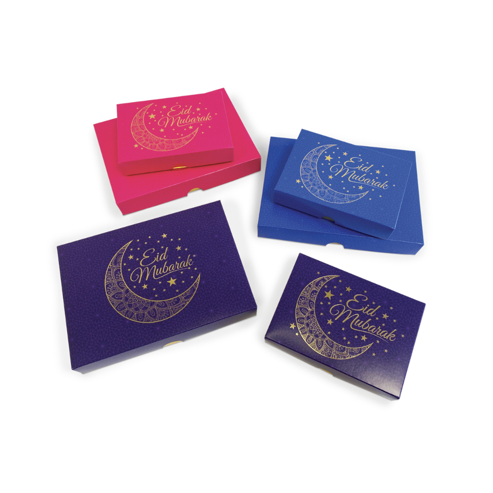 Our selection of Eid Mubarak Ramadan Vibrant Fold-up Lids. Available in pink, blue & purple and finished with bright gold foil. 12 and 24 cavity gift boxes
