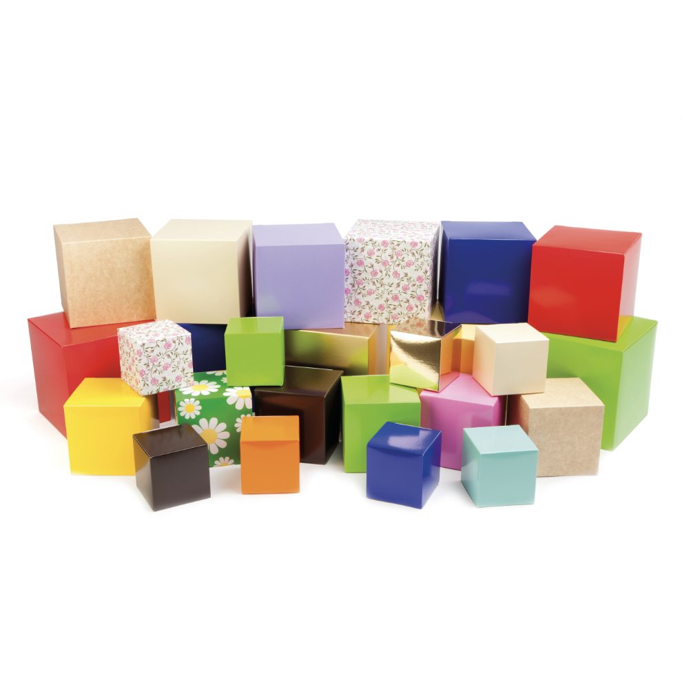 A group shot of our colourful Cube Cartons Collection. Colours include kraft, white, black, red, blue, brown, pink, green, yellow, purple and orange