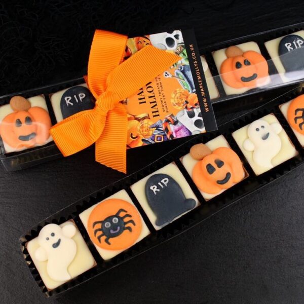 Halloween Chocolates in PVC Finger lid & base Boxes. Spider, pumpkin, coffin, headstone, ghost