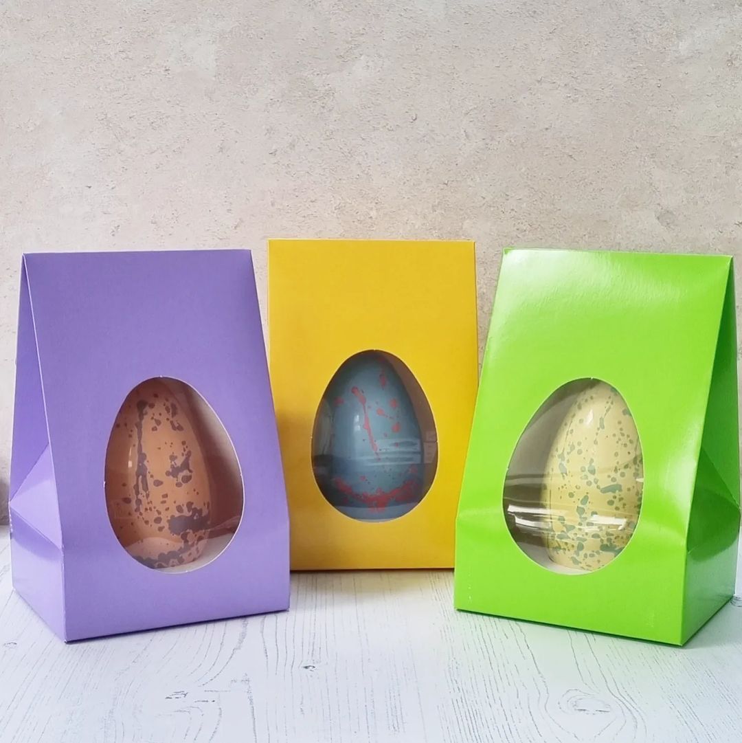 Tapered Easter Egg Cartons in Lilac, Sunshine Yellow & Easter Green with chocolate eggs