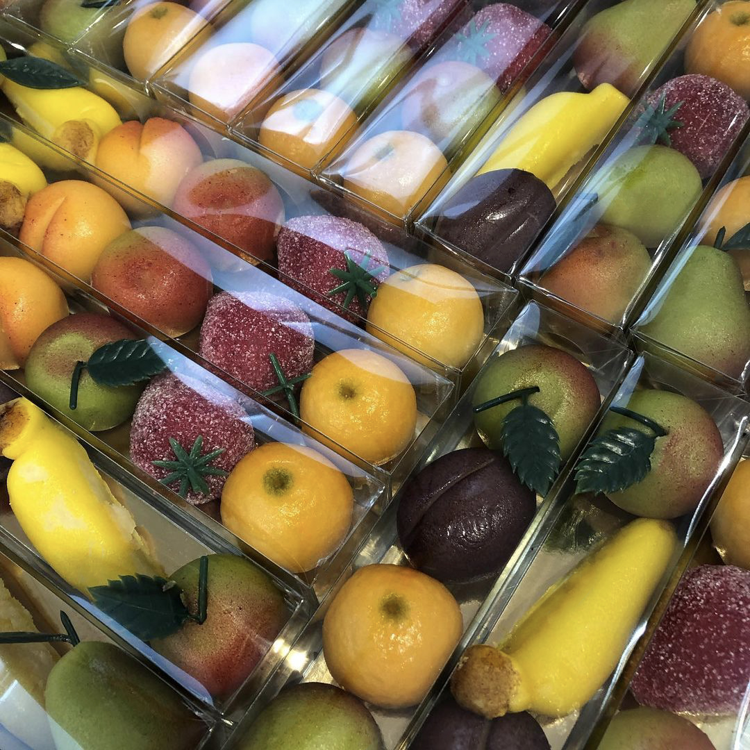 Colourful Marzipan Fruit in PVC Finger lid & base Boxes. Apple, banana, orange