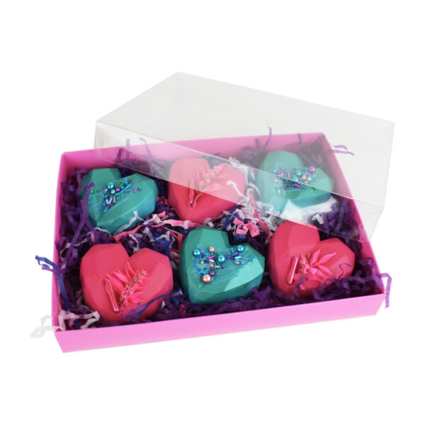 24 Cavity Pink Base with PVC Lid, filled heart shaped chocolate cakes and colourful shred fill