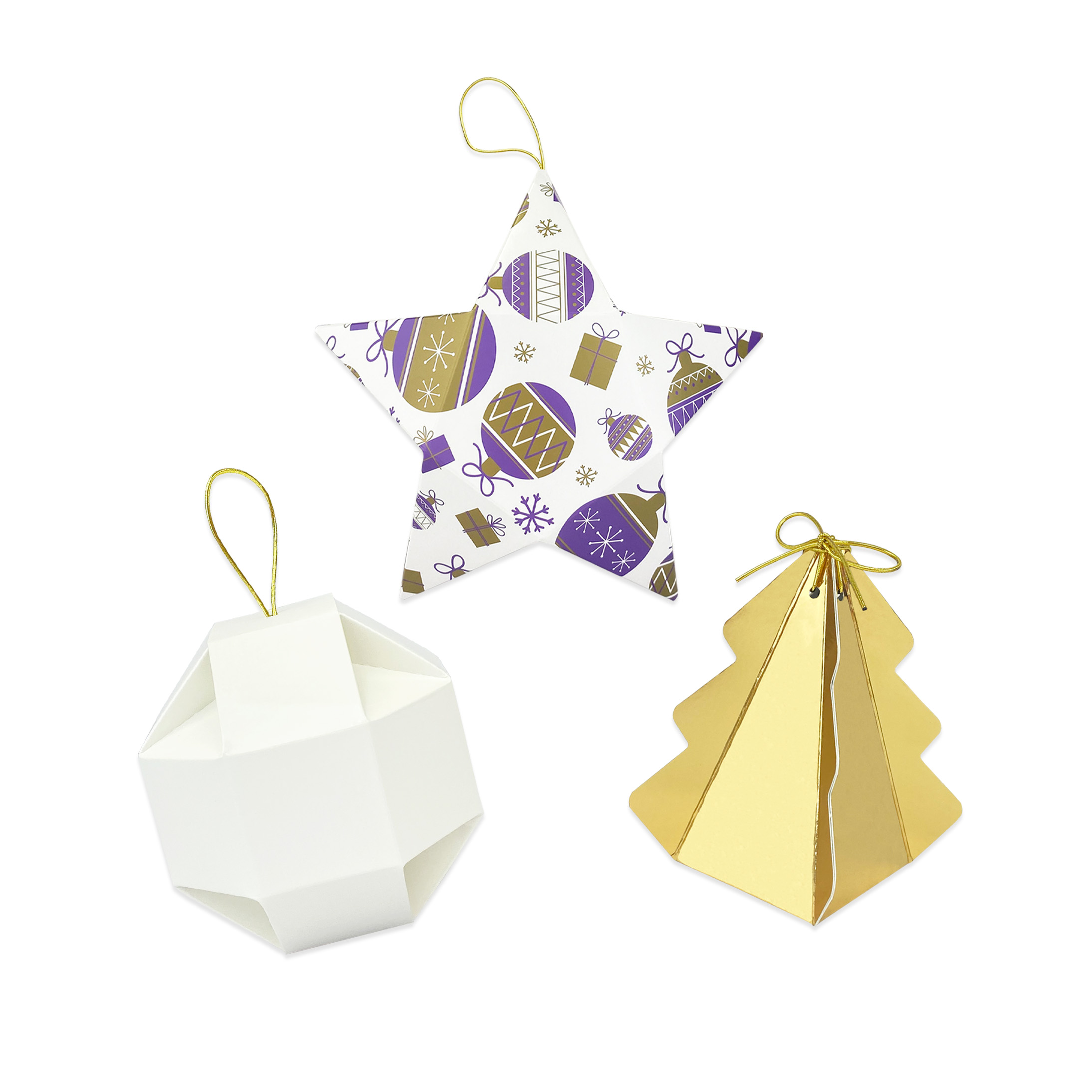 Decorative Christmas Packaging favours to place on the Christmas tree or dinning room table. Star in purple bauble, bauble in white, tree in bright gold