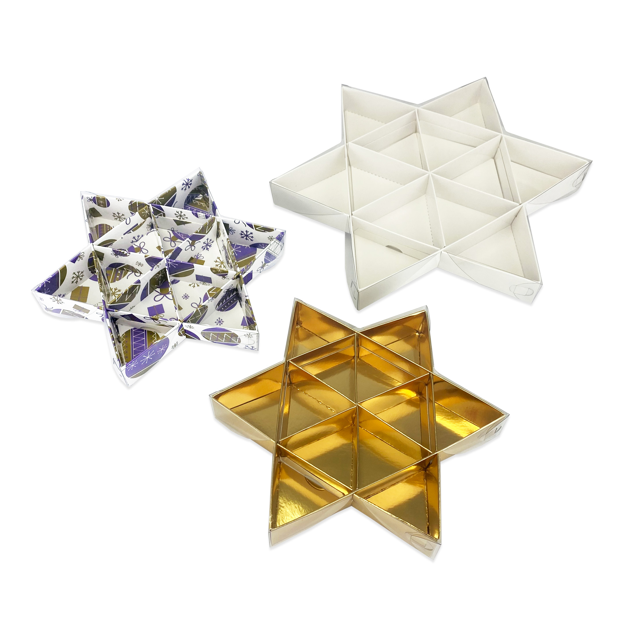Six-point star pre-assembled base, divider and clear lid gift box in bright gold, white & purple bauble pattern