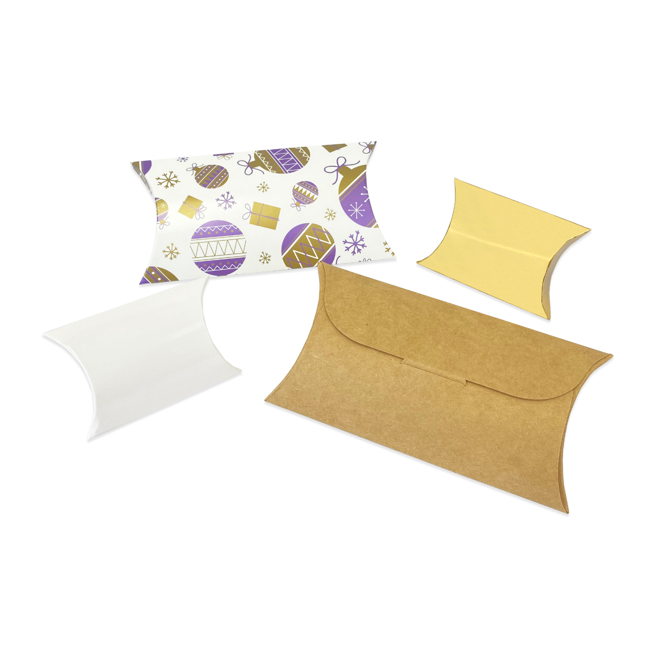 Flat-pack pillow gift box collection in small, medium and large. Available in bright gold, white, kraft and purple bauble. Simply fill and seal with our adhesive tabs or with a branded sticker