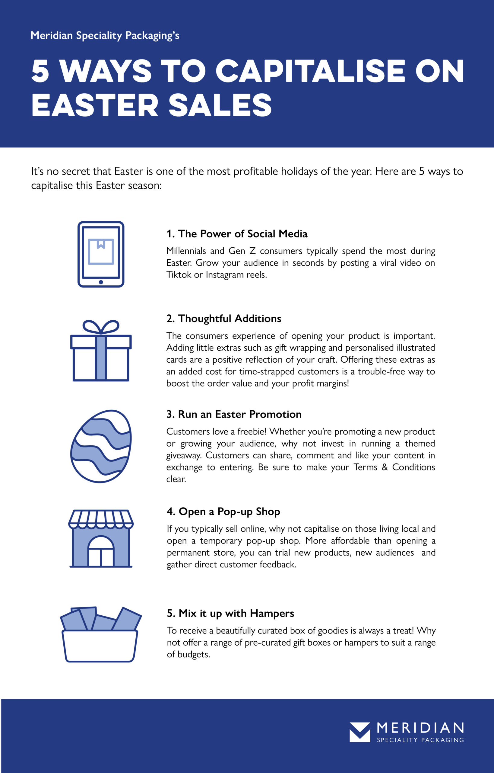 An infographic showing 5 ways to capitalise on Easter sales including promoting the use of social media, offering extras, promotions and opening a pop-up shop