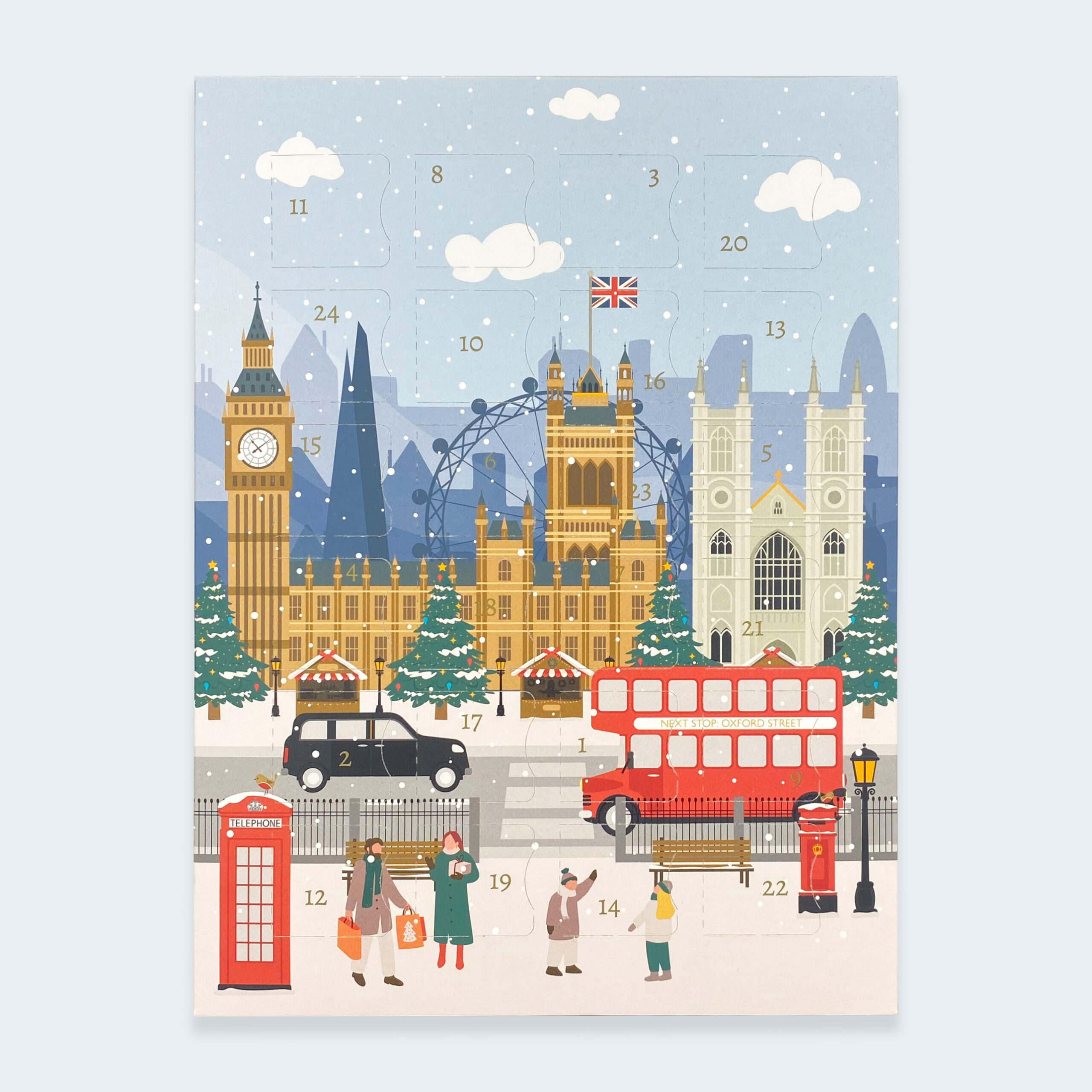 Stock 24 Day Standard Portrait Advent Calendar London. Hand illustrated London skyline in winter. Big ben, the shard, red bus, telephone box, parliament, St Pauls cathedral