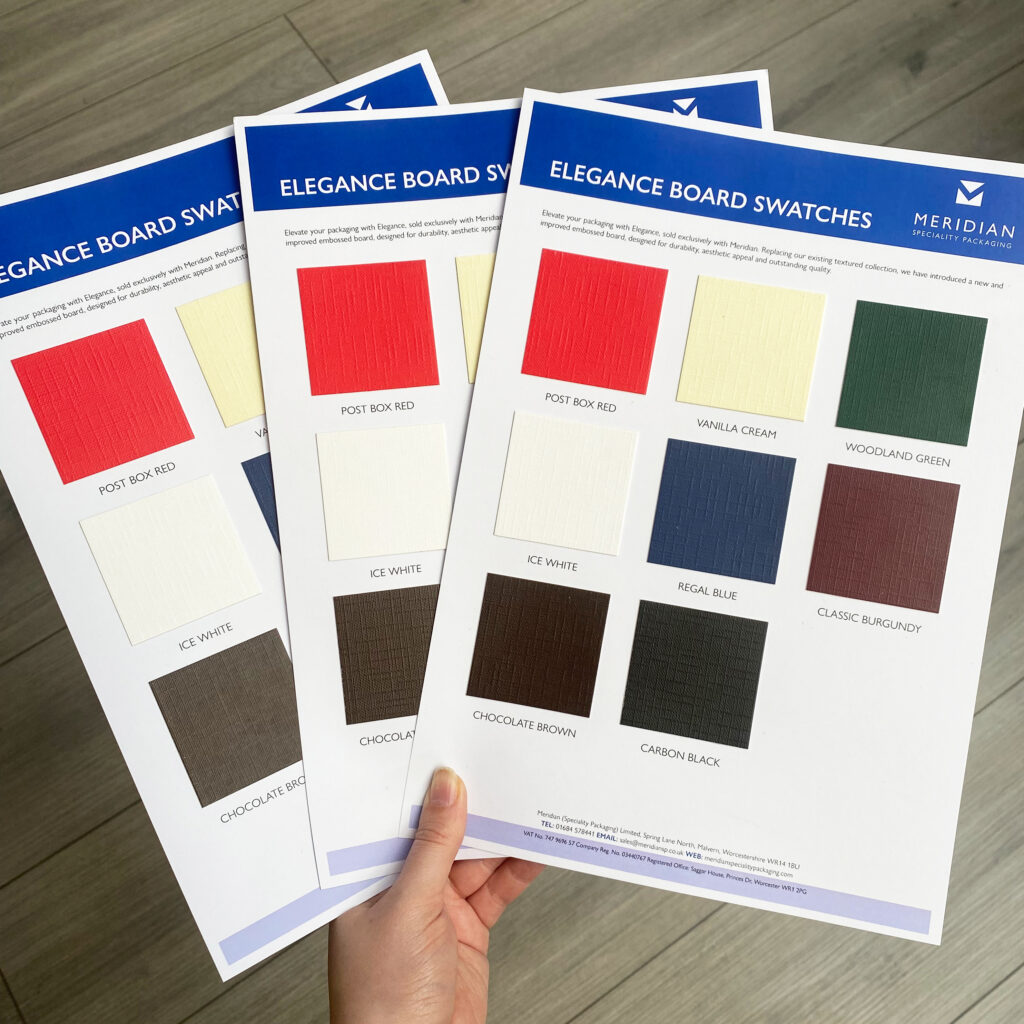 A selection of the Elegance board swatches. Colours include Post Box Red, Vanilla Cream, Woodland Green, Ice White, Regal Blue, Classic Burgundy, Chocolate Brown & Carbon Black