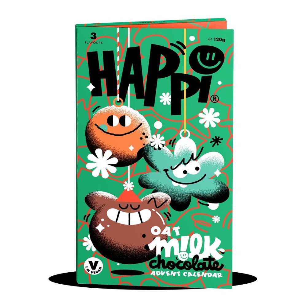 Happi Free From Advent Calendar 2023 Front. Green vegan countdown calendar to hold 24 Neapolitan chocolates