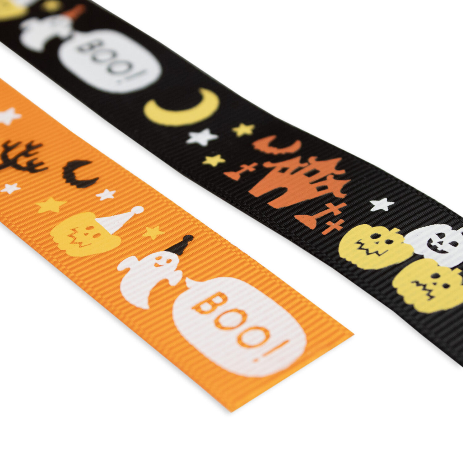 Close-up of Printed Halloween new 22mm Ribbon Collection in Orange & Black - ghost, witch, boo, pumpkin, haunted house