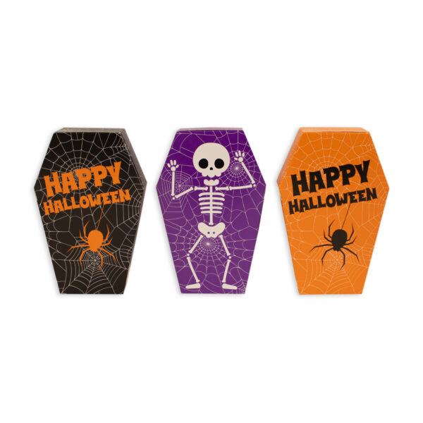 Halloween Large Coffin Box Collection. Happy Halloween on front, skeleton on the reverse. Orange, purple & black