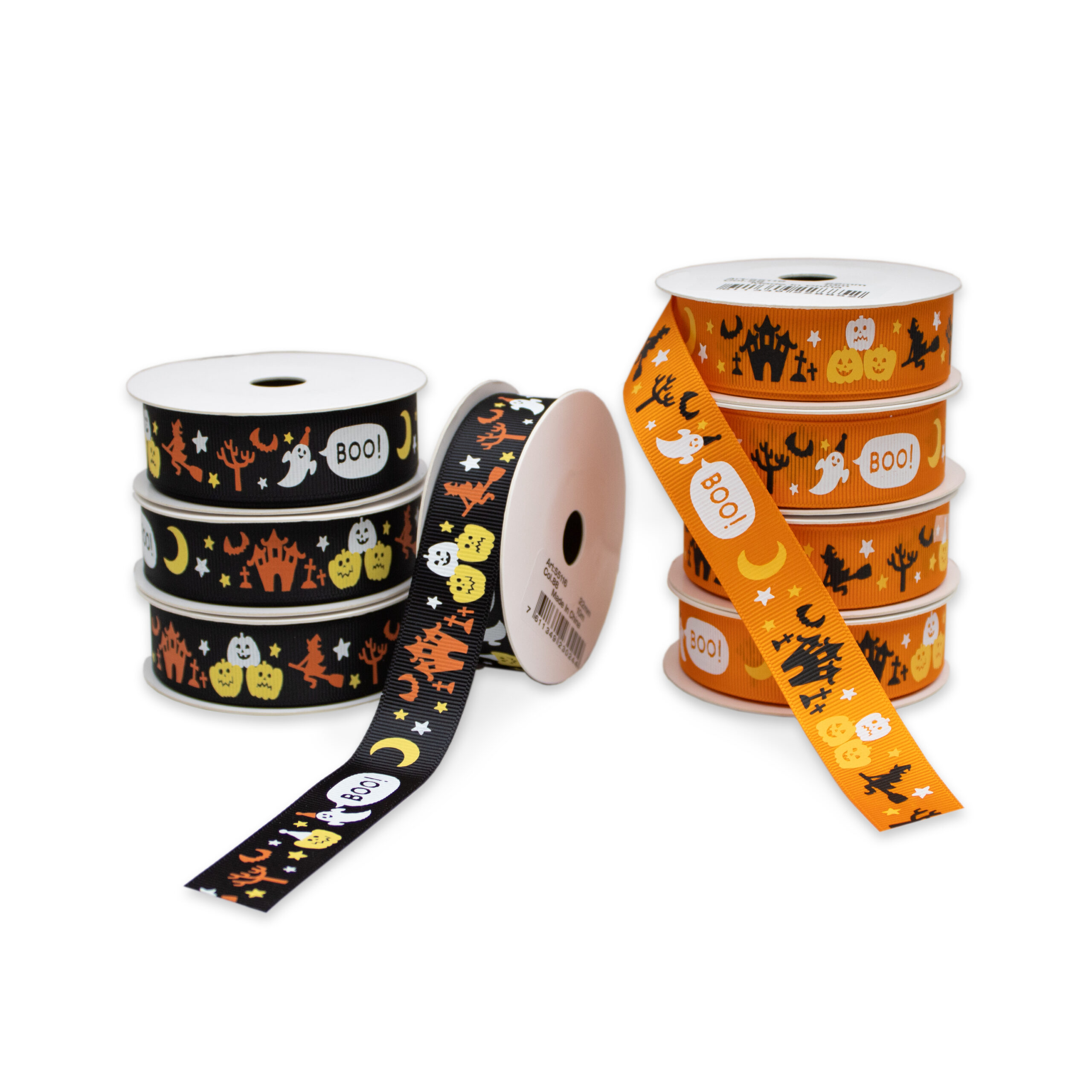 Printed Halloween new 22mm Ribbon Collection in Orange & Black - ghost, witch, boo, pumpkin, haunted house