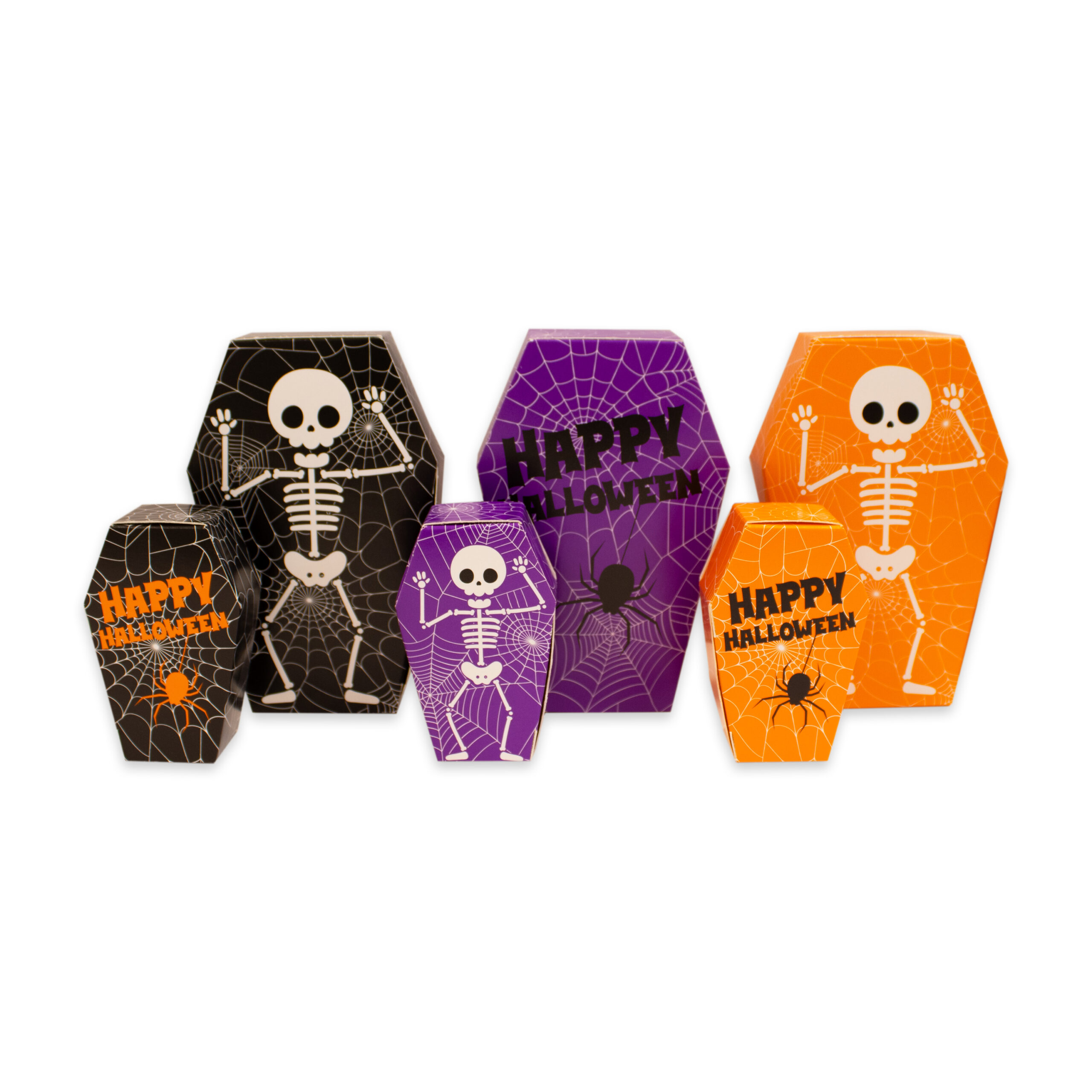 Halloween Small & Large Coffin Box Collection. Happy Halloween on front, skeleton on the reverse. Orange, purple & black