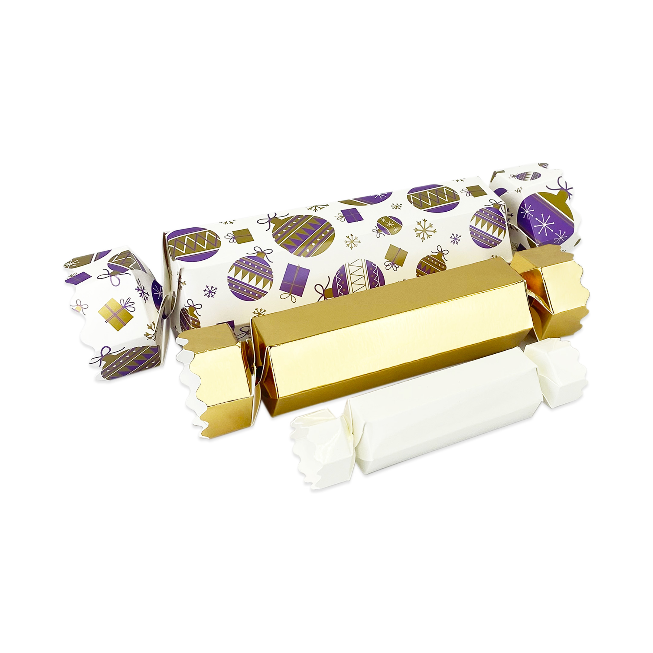 Hexagonal Twist-end Cracker Collection in purple bauble, bright gold and white