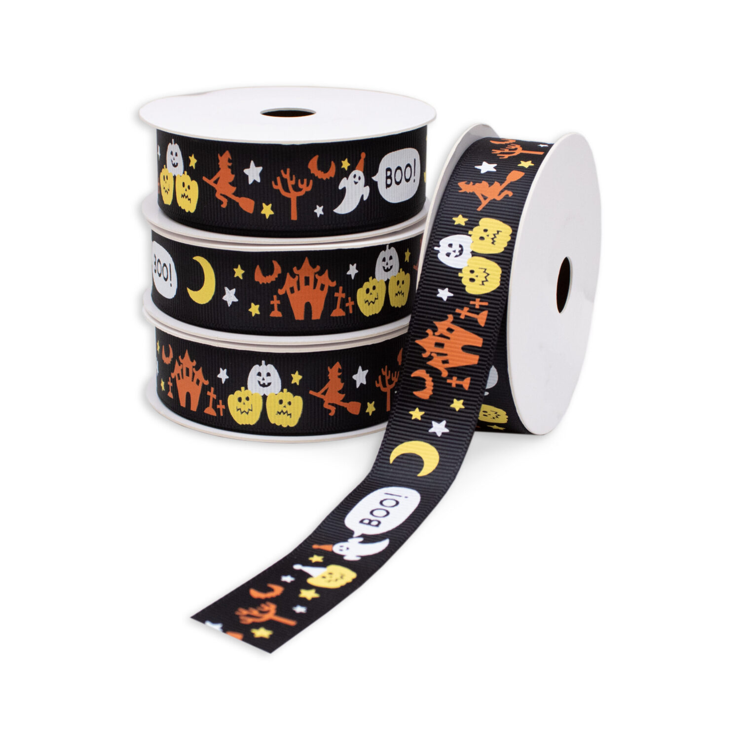 Printed Halloween new 22mm Ribbon Collection in Black - ghost, witch, boo, pumpkin, haunted house