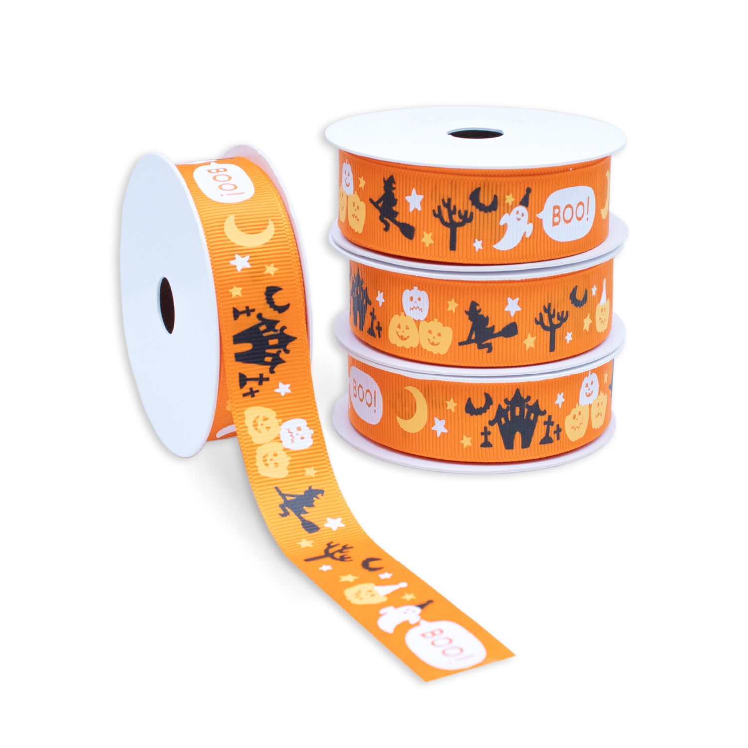 Printed Halloween new 22mm Ribbon Collection in Orange & Black - ghost, witch, boo, pumpkin, haunted house