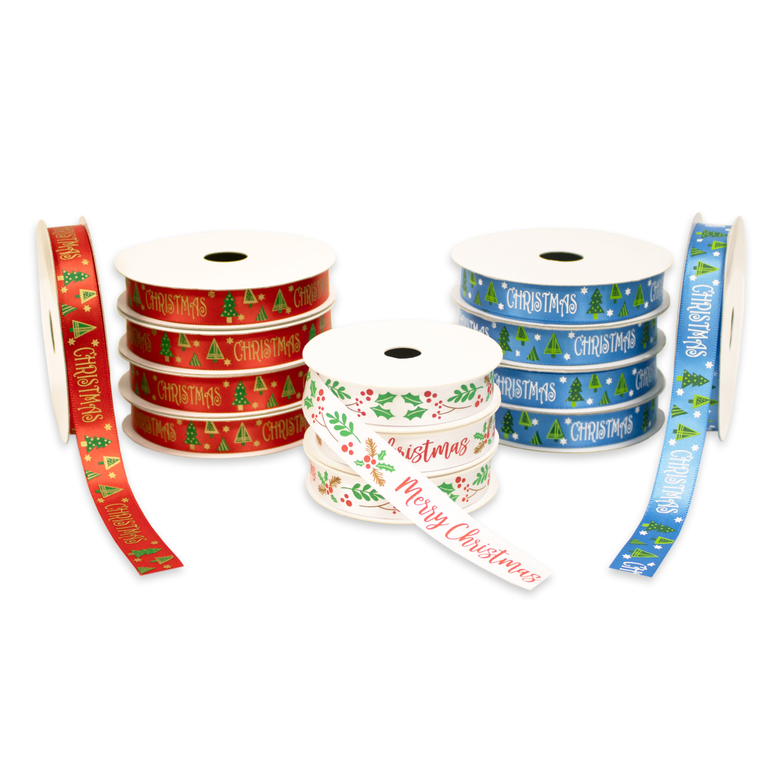 Christmas Printed Ribbon Collection in Red, Blue & White. Xmas trees, mistletoe and holly